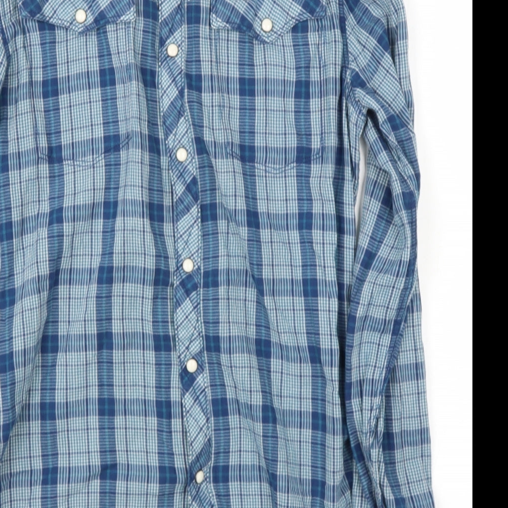 G STAT Womens Blue Check Cotton Basic Blouse Size M Collared