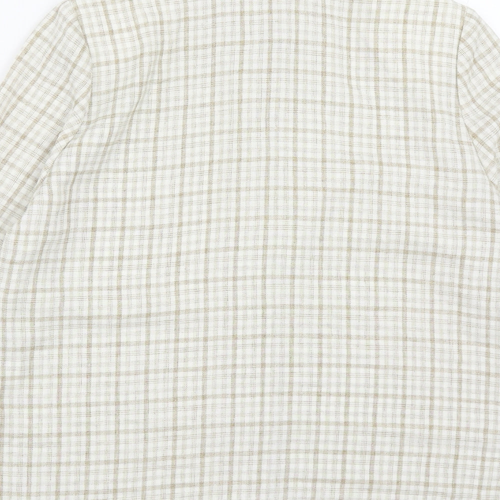 Preworn Womens Beige Plaid Polyester Basic Blouse Size 12 Collared