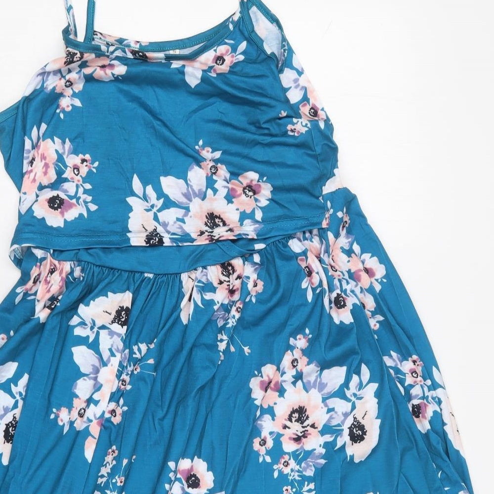 SHEIN Womens Blue Floral Polyester Skater Dress Size S Square Neck