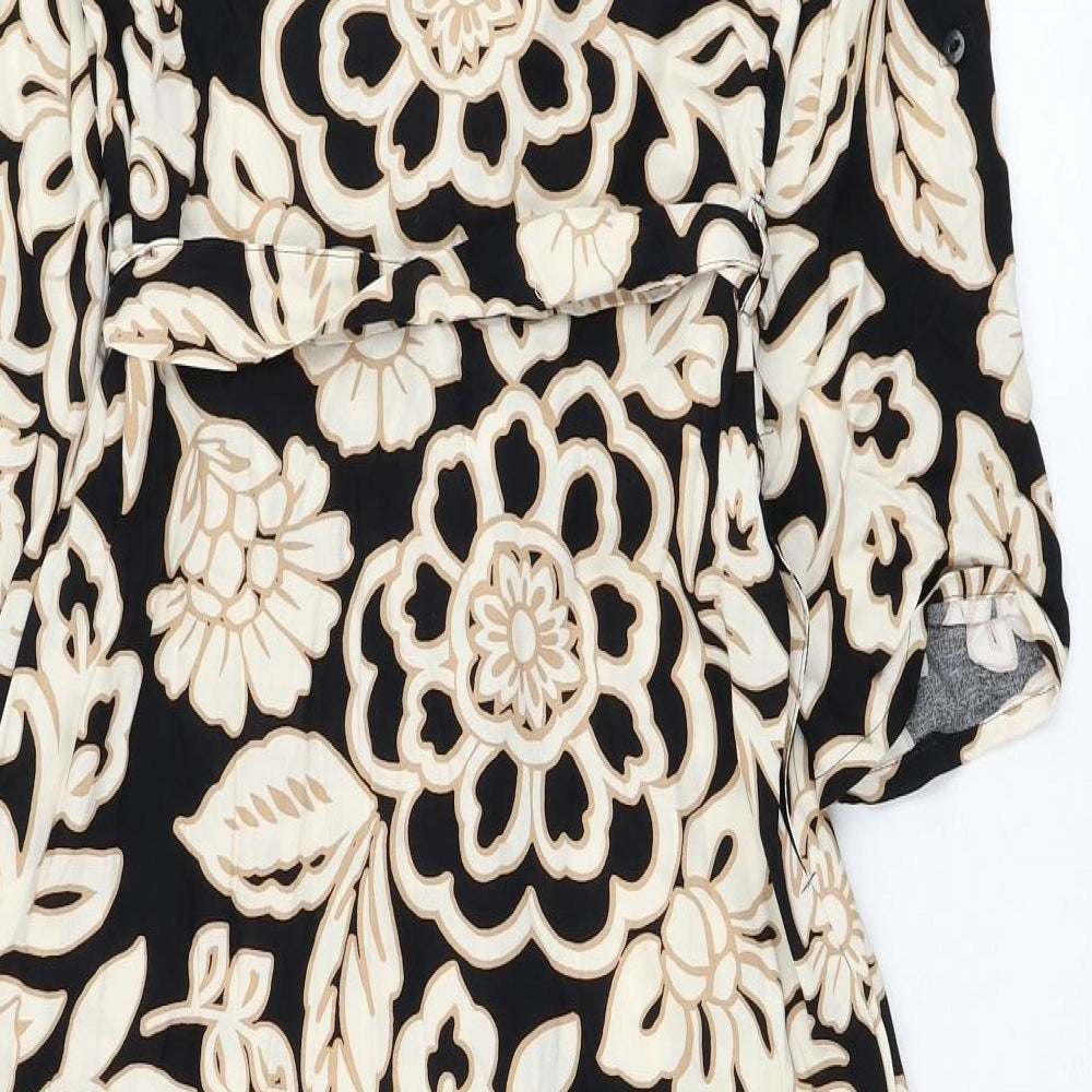 F&F Womens Black Floral Viscose Shirt Dress Size 6 Collared Button