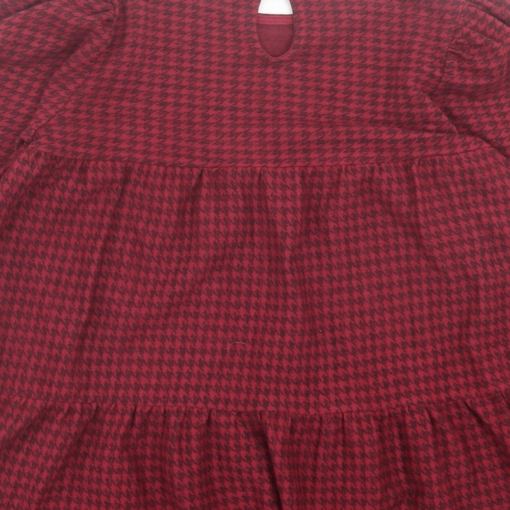 NEXT Girls Red Houndstooth Polyester A-Line Size 11 Years Crew Neck Button