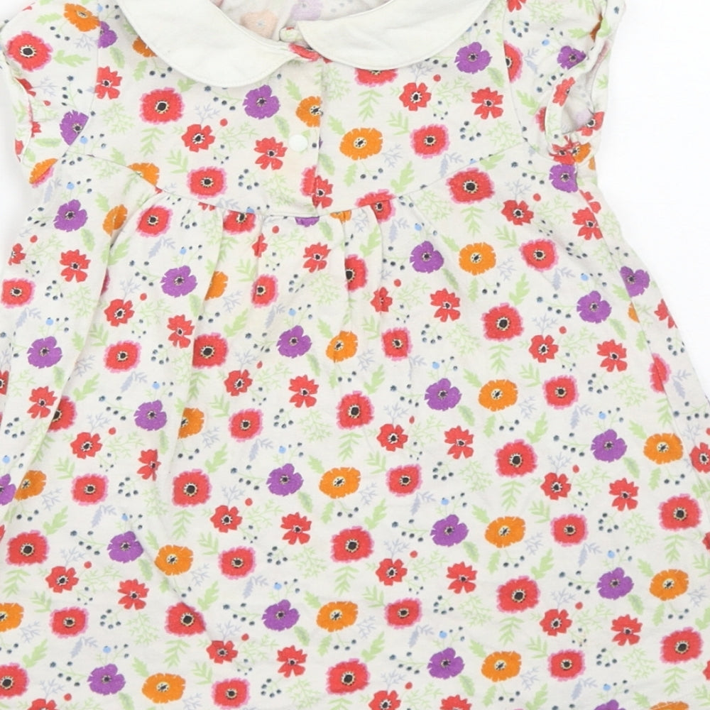 Uniqlo Girls White Floral Cotton Pinafore/Dungaree Dress Size 12-18 Months Collared Snap