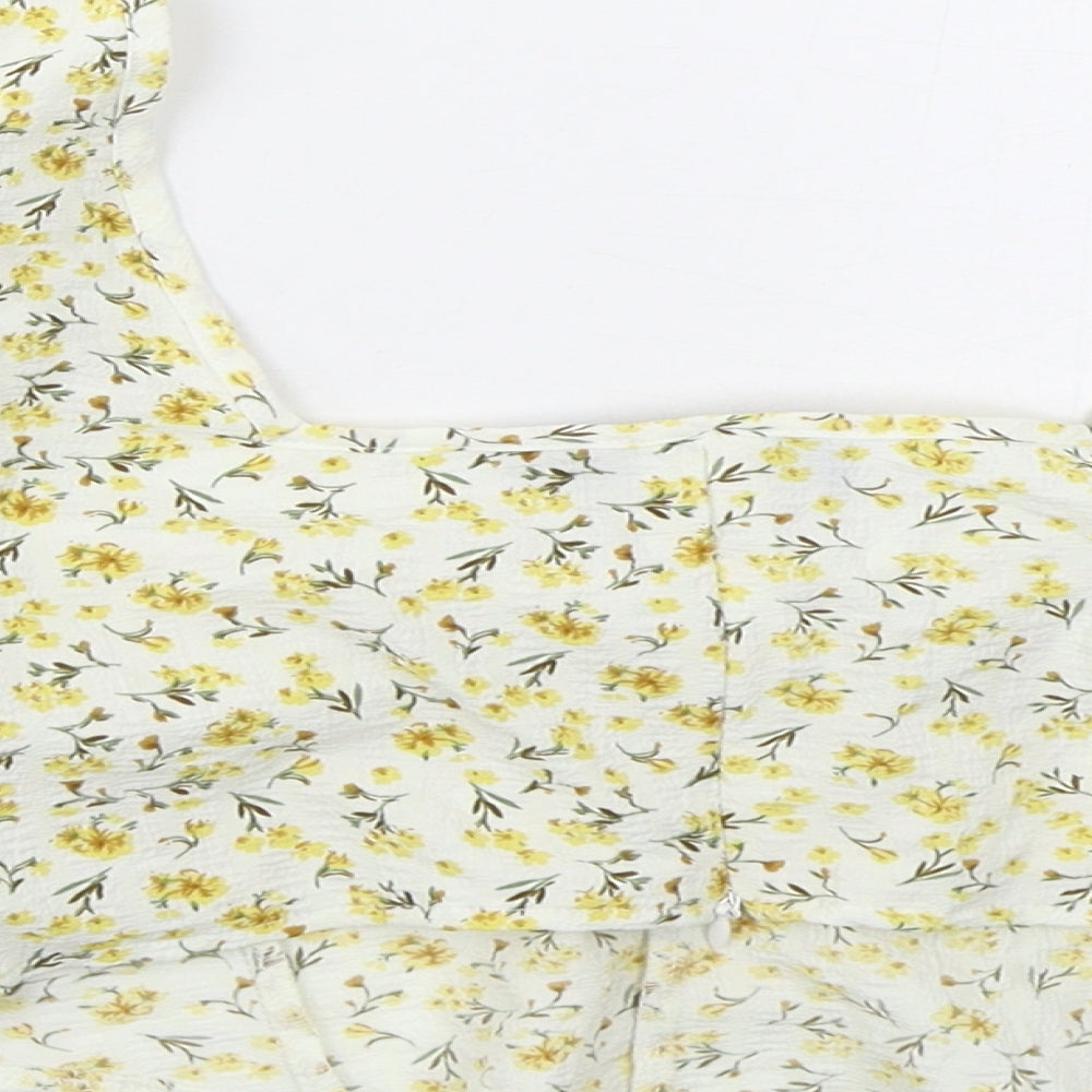 PRETTYLITTLETHING Womens Yellow Floral Polyester Cropped Blouse Size 12 Square Neck