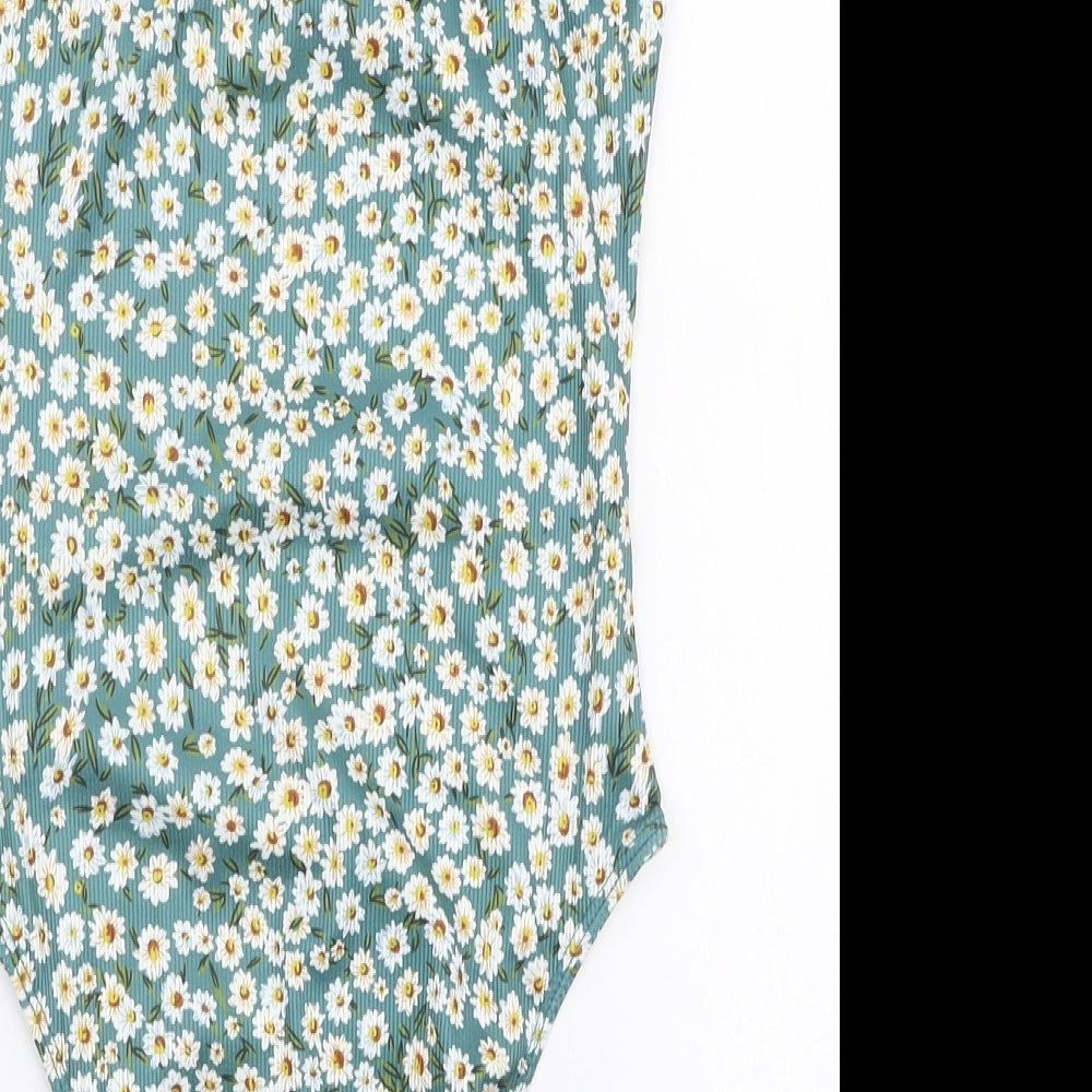 SHEIN Womens Green Floral Polyester Bodysuit One-Piece Size XS Snap