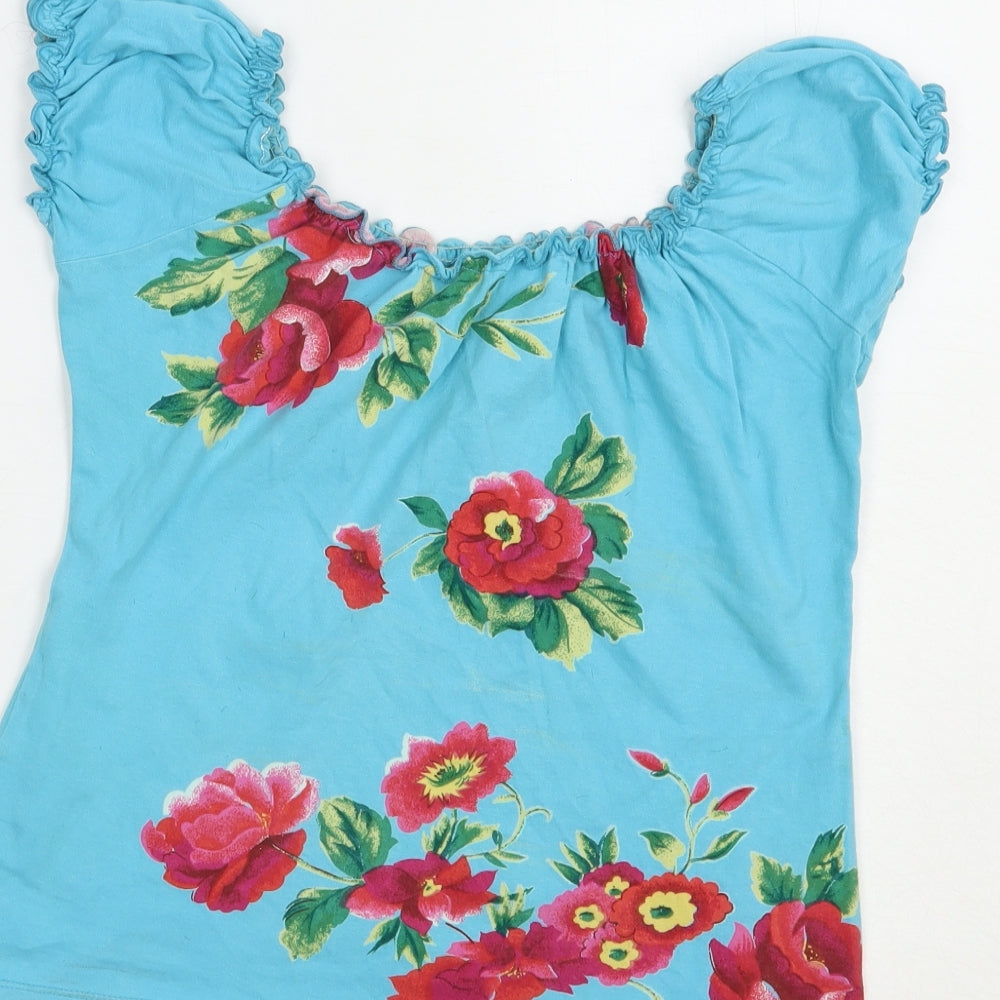 Forever Young Womens Blue Floral Cotton Basic Blouse Size M Off the Shoulder