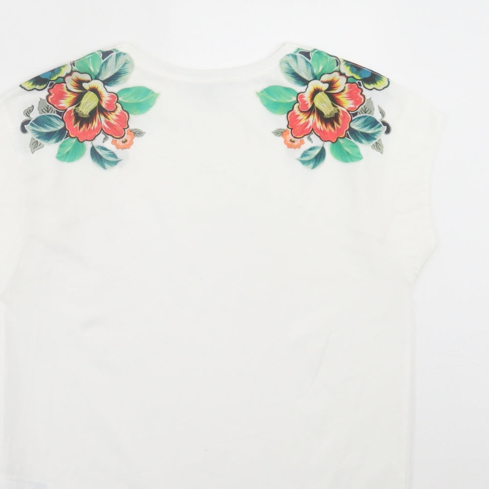 Warehouse Womens White Floral Polyester Basic T-Shirt Size 6 Crew Neck