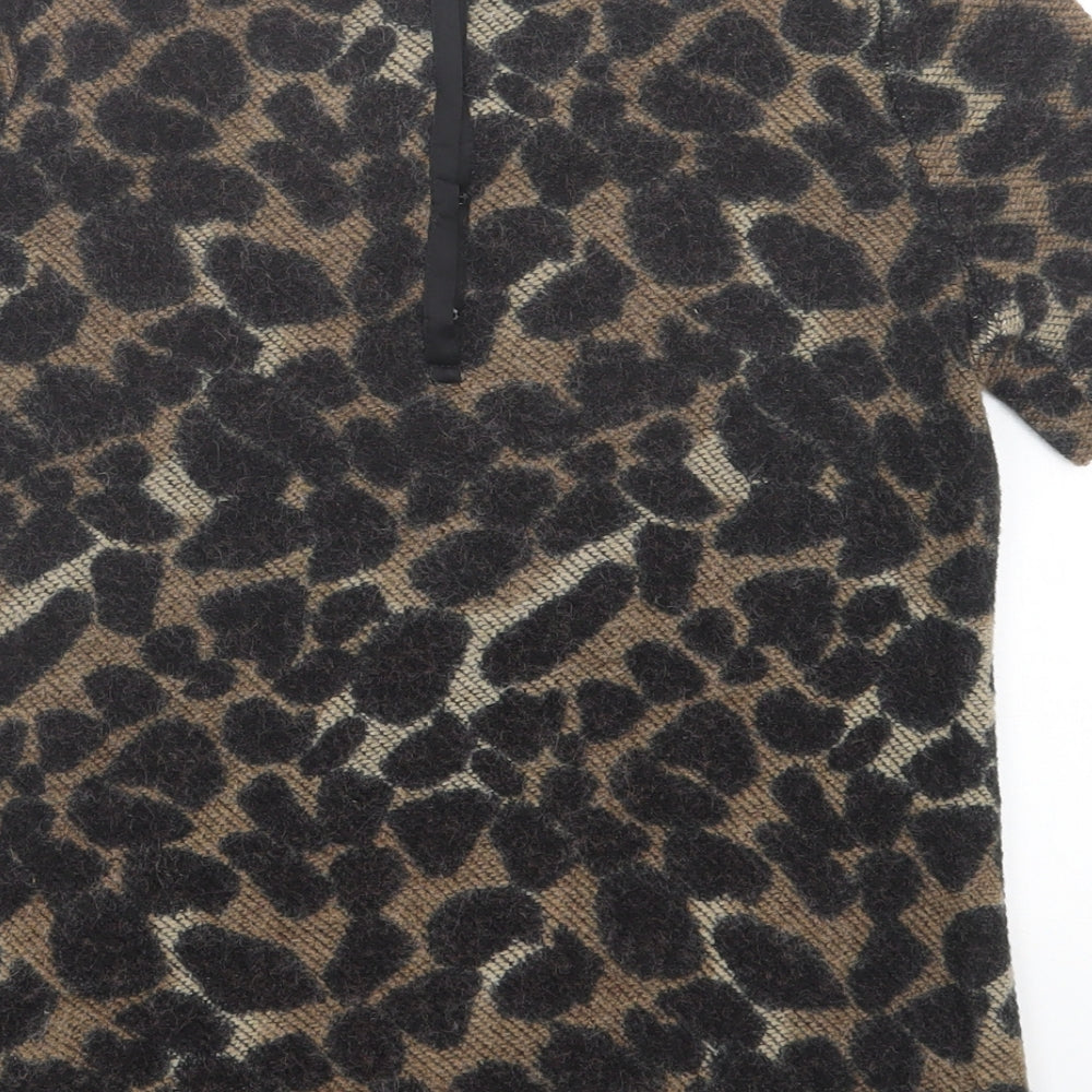 Warehouse Womens Brown Animal Print Acrylic Basic T-Shirt Size 8 Crew Neck