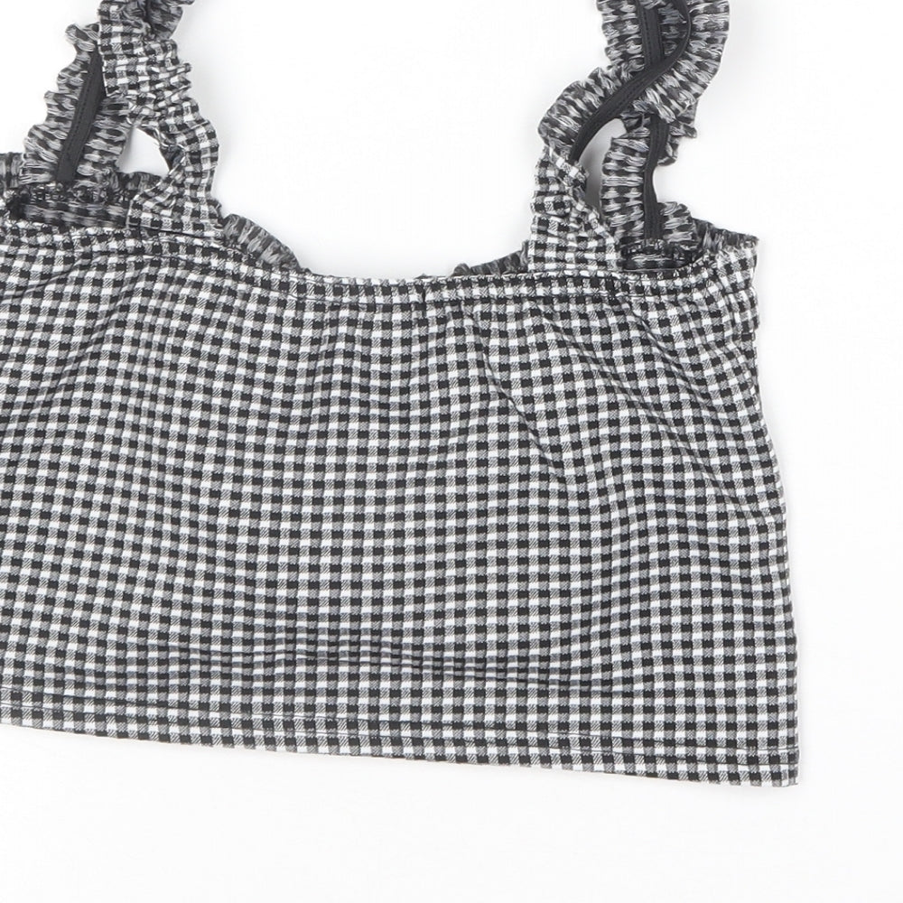 PRETTYLITTLETHING Womens Black Check Polyester Cropped T-Shirt Size 10 Square Neck