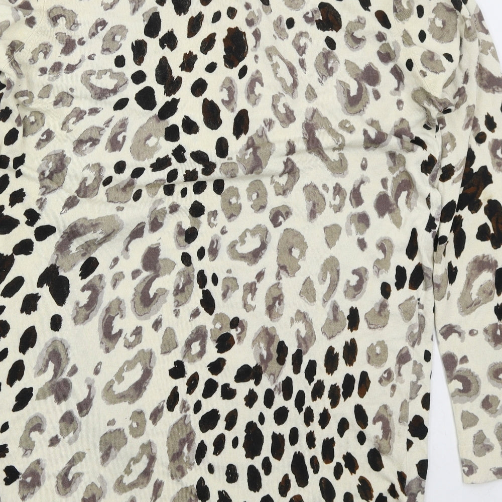 Preworn Womens Beige Roll Neck Animal Print Cotton Cardigan Jumper Size 12