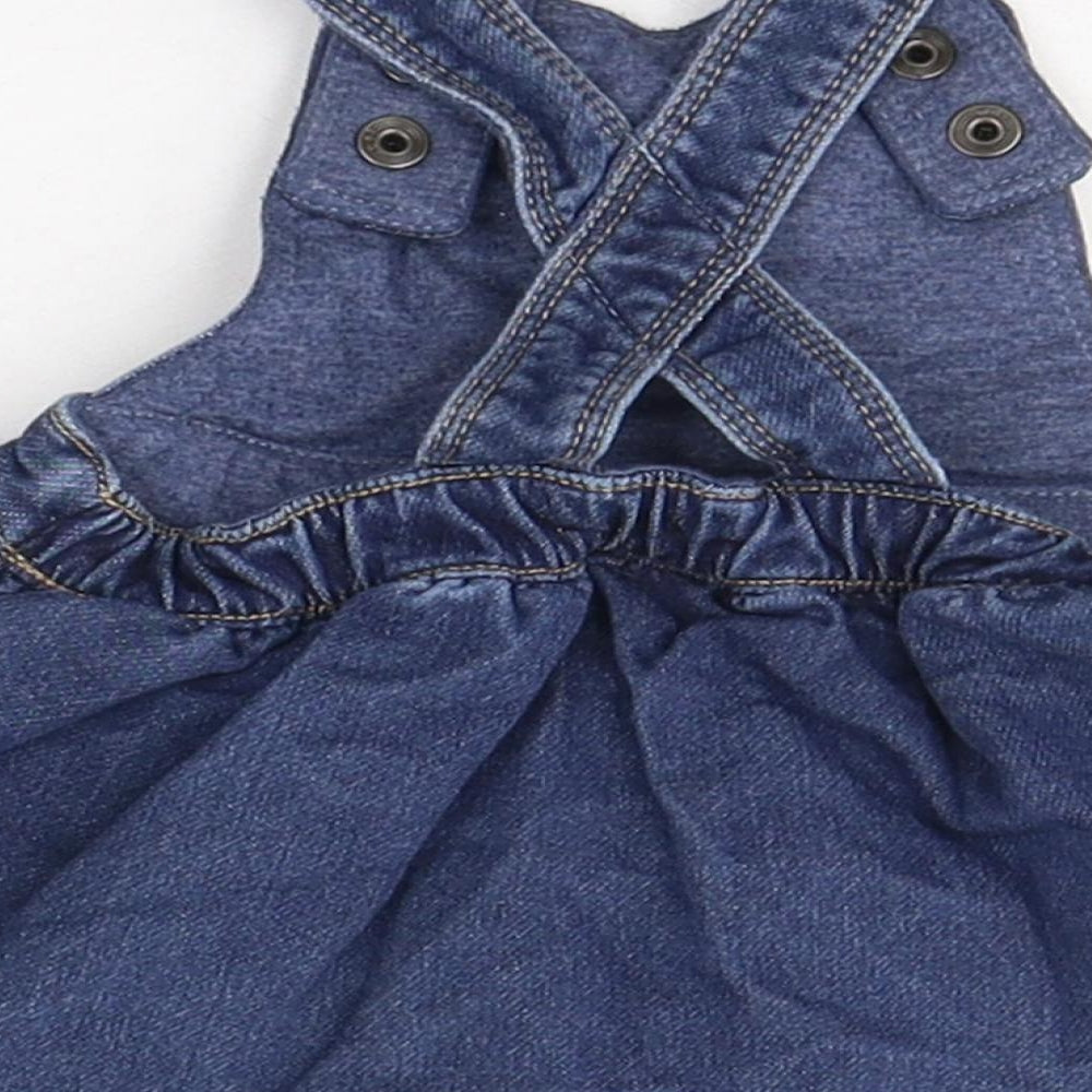 NEXT Girls Blue Cotton Pinafore/Dungaree Dress Size 3-6 Months Square Neck Button