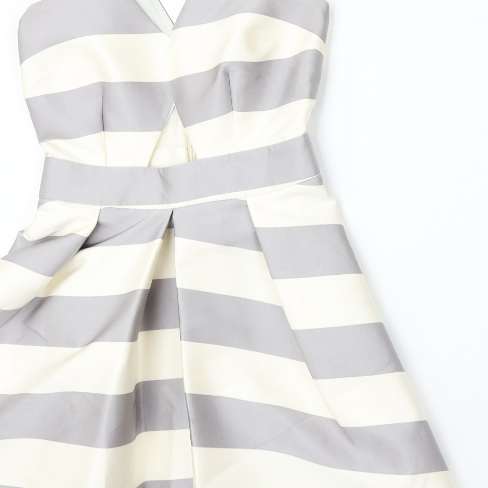Topshop Womens Beige Striped Polyester Skater Dress Size 6 V-Neck