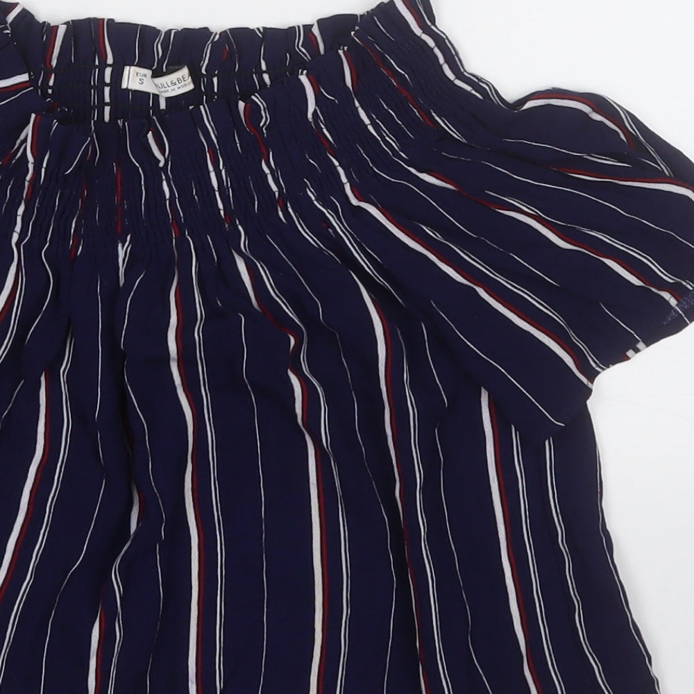 Pull&Bear Womens Blue Striped Viscose Basic Blouse Size S Round Neck