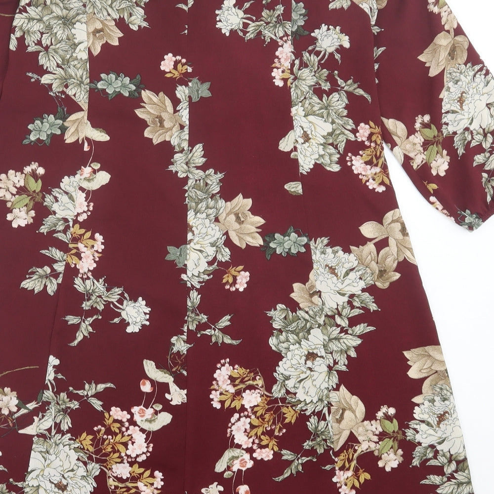 Stradivarius Womens Red Floral Polyester A-Line Size S V-Neck Pullover