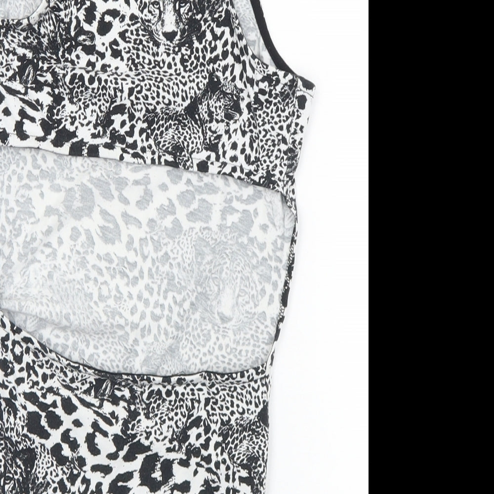 Topshop Womens Black Animal Print Polyester Bodysuit One-Piece Size 8 Snap