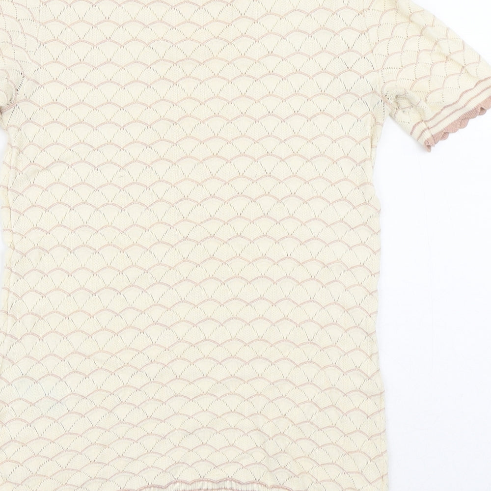 Warehouse Womens Yellow Geometric Cotton Basic Blouse Size 10 Crew Neck