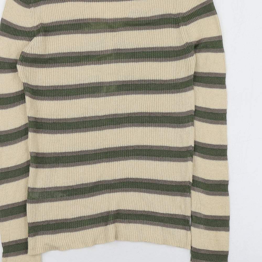 Per Una Womens Beige V-Neck Striped Cotton Pullover Jumper Size 12