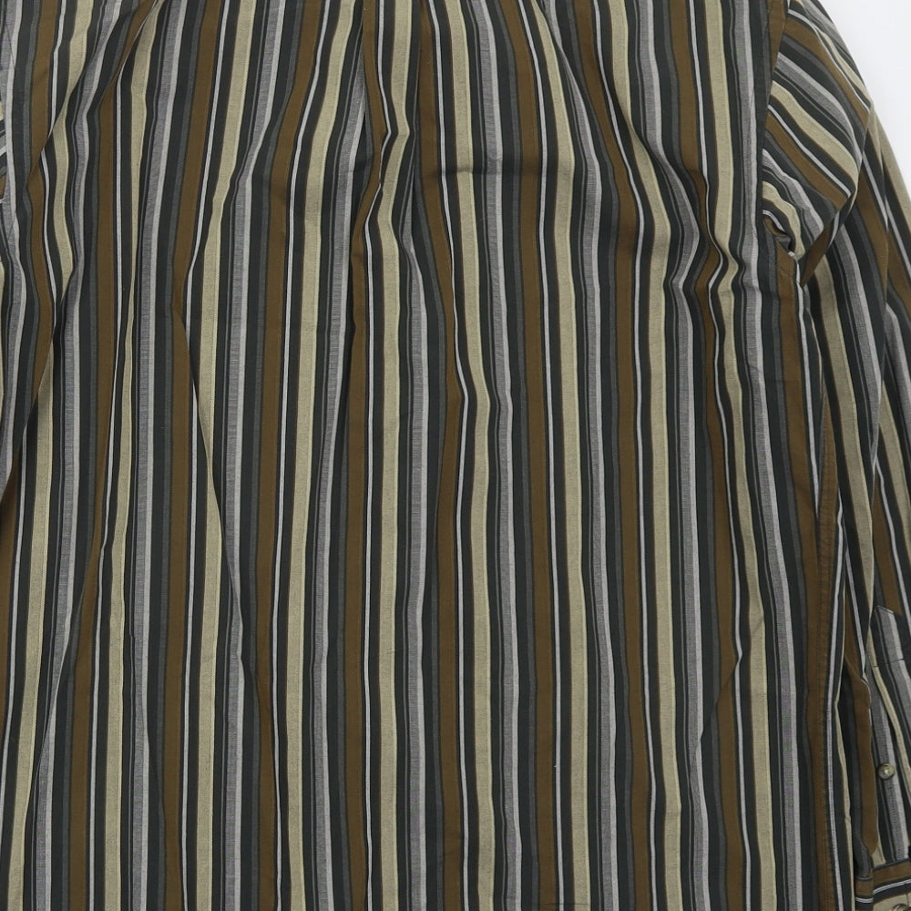 Jean Chatel Mens Brown Striped Cotton Button-Up Size M Collared Button