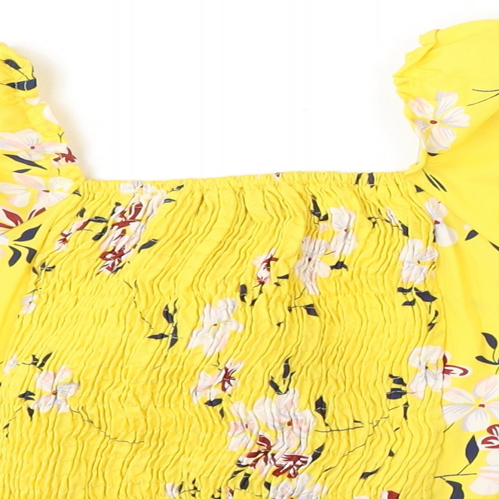 Chemistry Womens Yellow Floral Polyester Basic Blouse Size 10 Round Neck