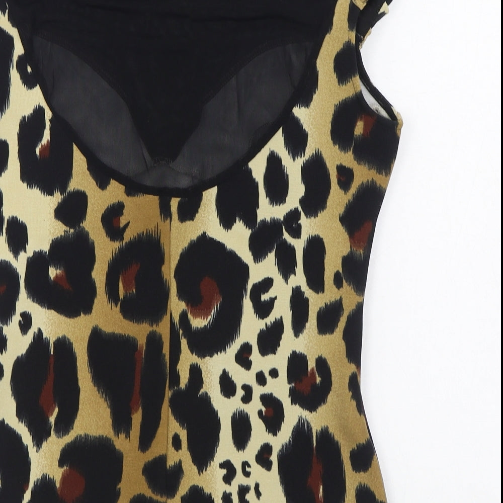 Kardashian Kollection Womens Brown Animal Print Polyester Basic Blouse Size 12 Round Neck