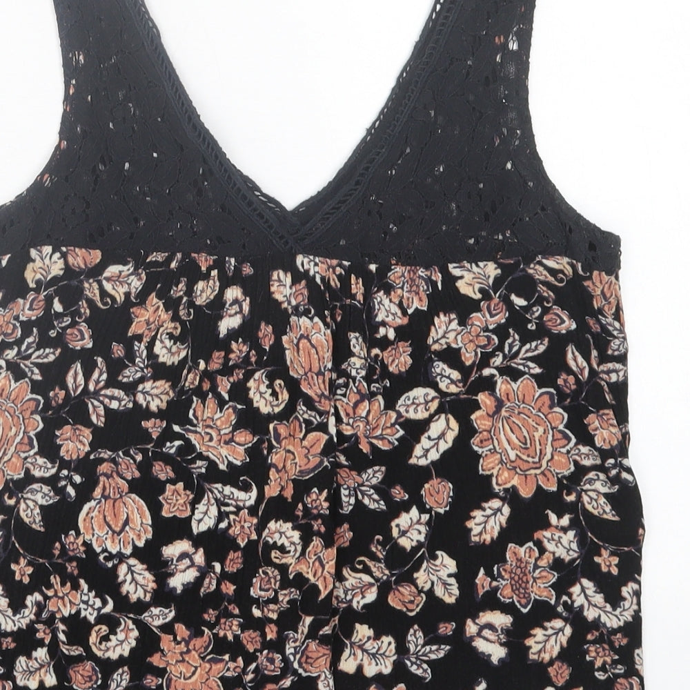 Lily White Womens Black Floral Polyester Basic Tank Size XS V-Neck
