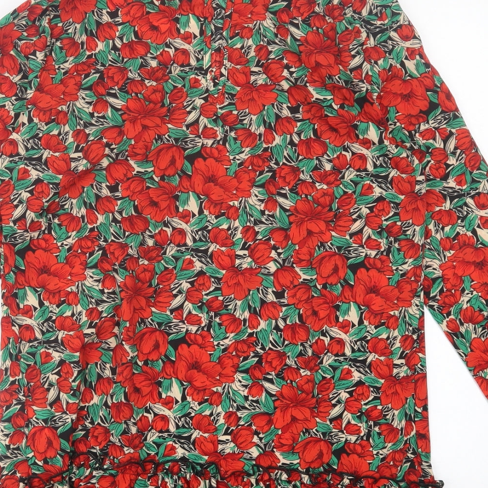 Missguided Womens Red Floral Polyester A-Line Size 8 High Neck Button