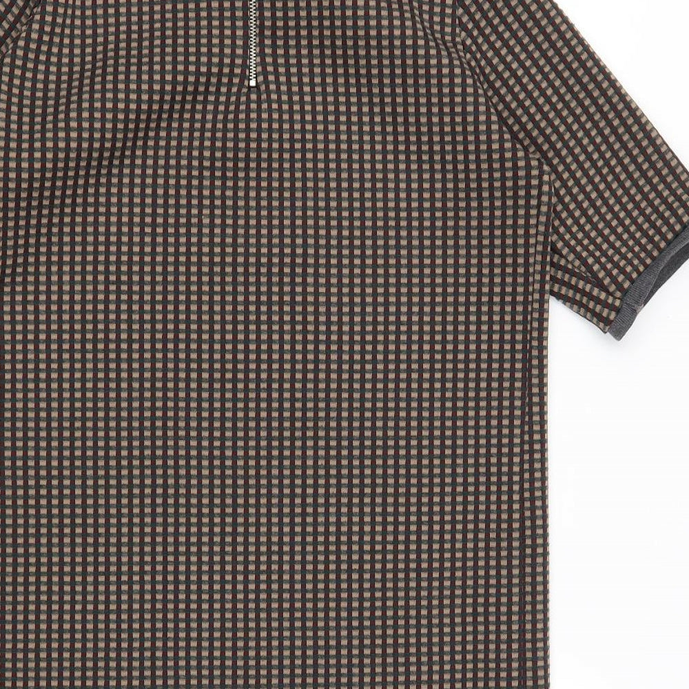 Zara Womens Brown Plaid Polyester A-Line Size L Round Neck Zip