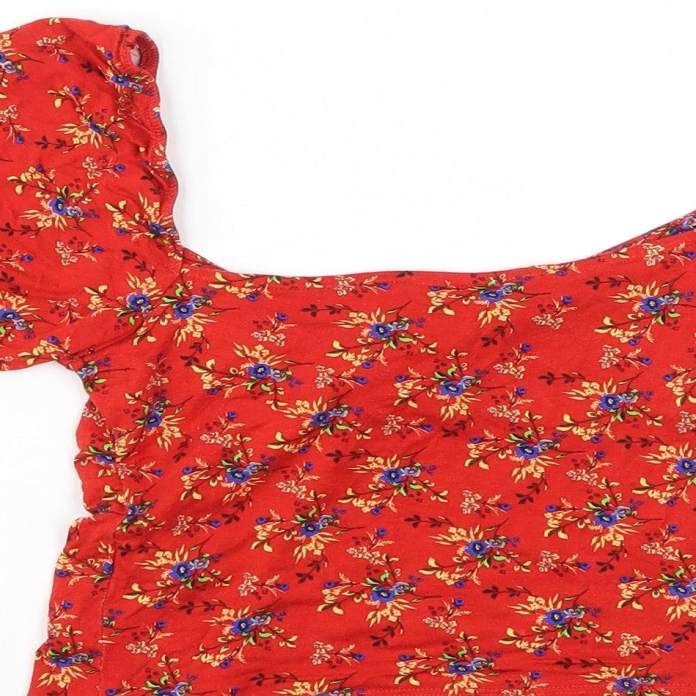 Miss Selfridge Womens Red Floral Viscose Cropped T-Shirt Size 8 Scoop Neck