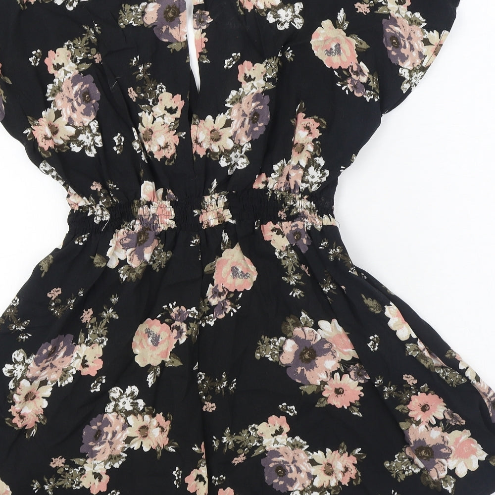 Primark Womens Black Floral Viscose Playsuit One-Piece Size 4 Tie