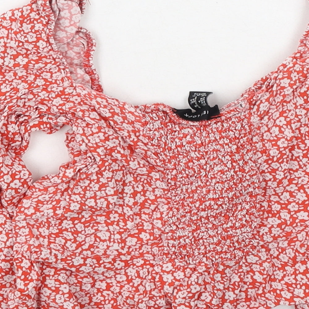 New Look Womens Red Floral Polyester Basic Button-Up Size 6 Square Neck