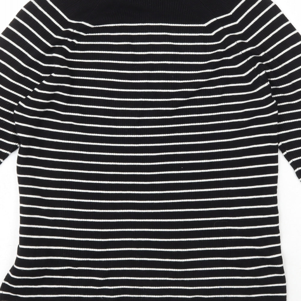 Marks & Spencers Womens Black High Neck Striped Viscose Pullover Jumper Size 12