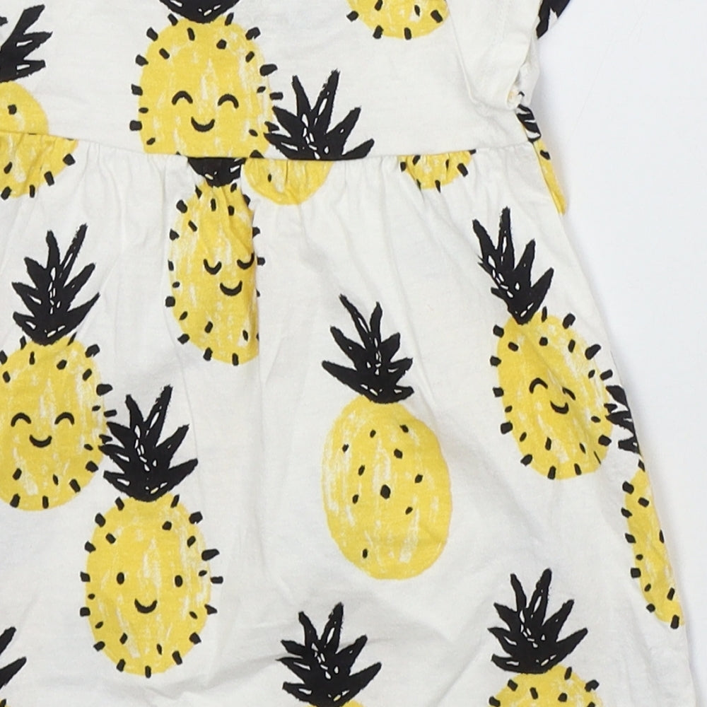 F&F Girls White Cotton Skater Dress Size 3-6 Months Crew Neck Pullover - Pineapples