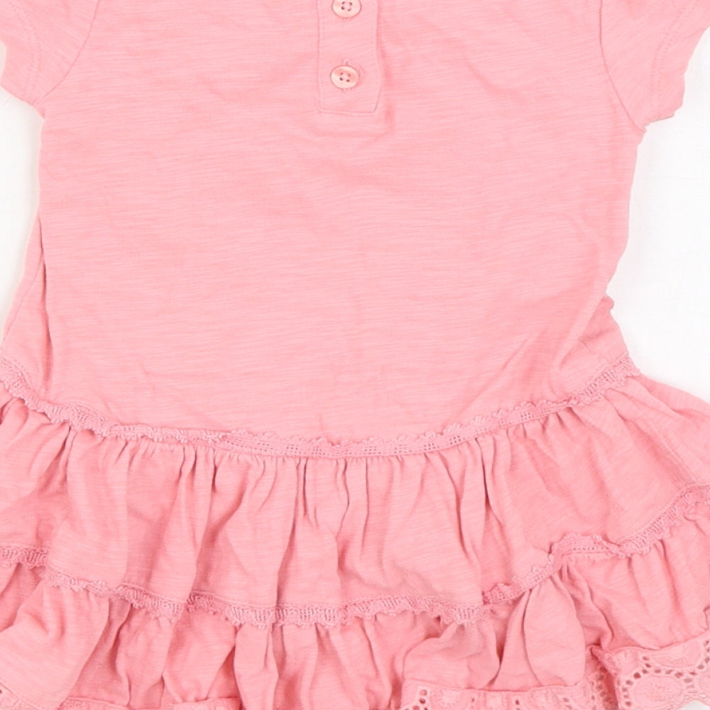 NEXT Girls Pink 100% Cotton Skater Dress Size 3-6 Months Round Neck Button