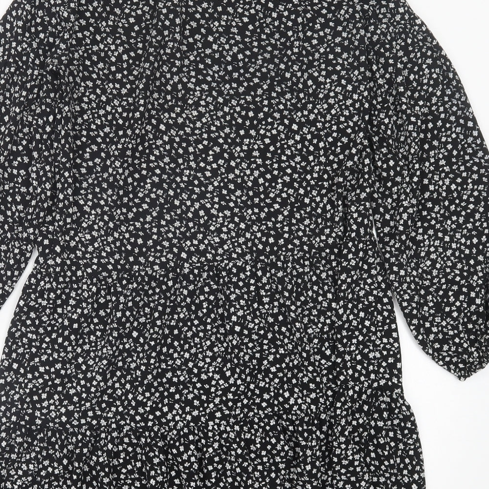 H&M Womens Black Floral Polyester A-Line Size XS Crew Neck Tie