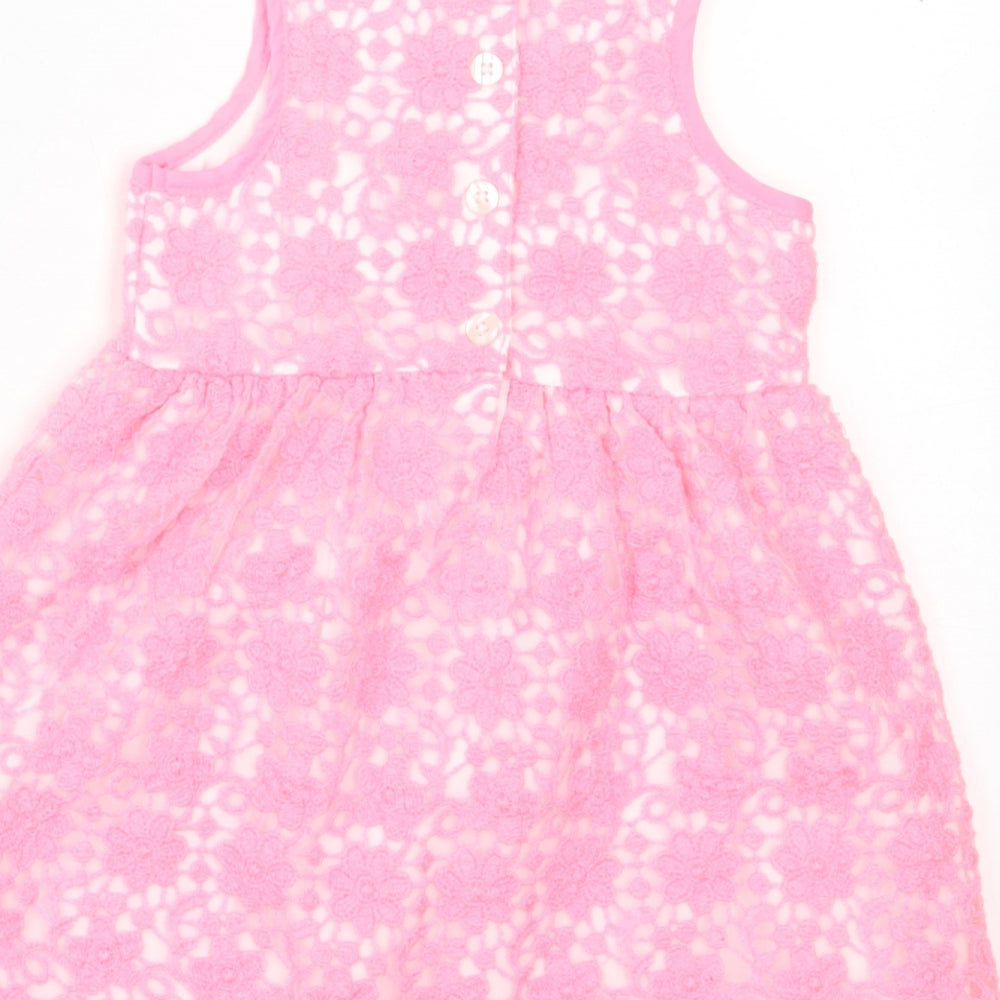 Young Dimension Girls Pink Floral Polyester A-Line Size 9-12 Months Crew Neck Button