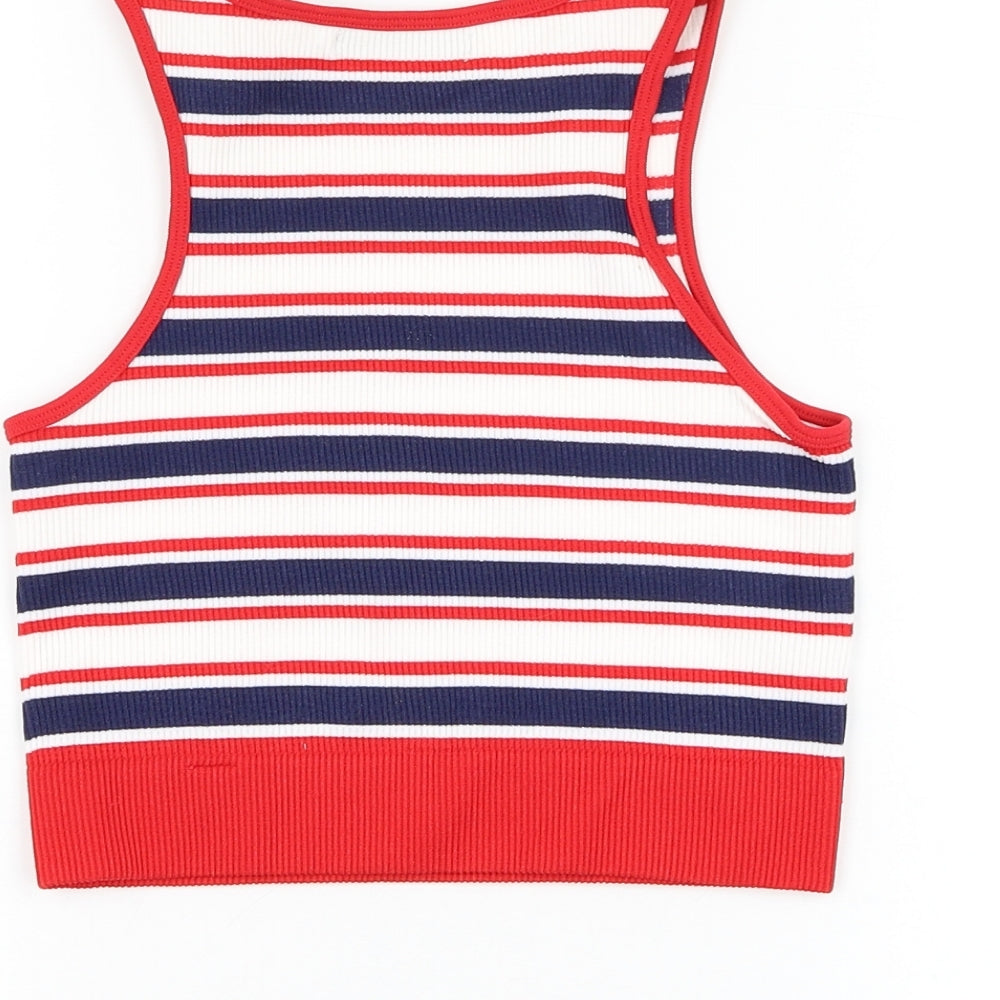 Dunnes Stores Womens White Striped Nylon Basic Tank Size XS Round Neck