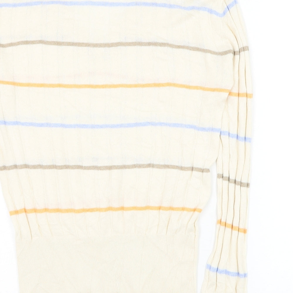 Marks & Spencer Womens Beige V-Neck Striped Polyester Pullover Jumper Size S