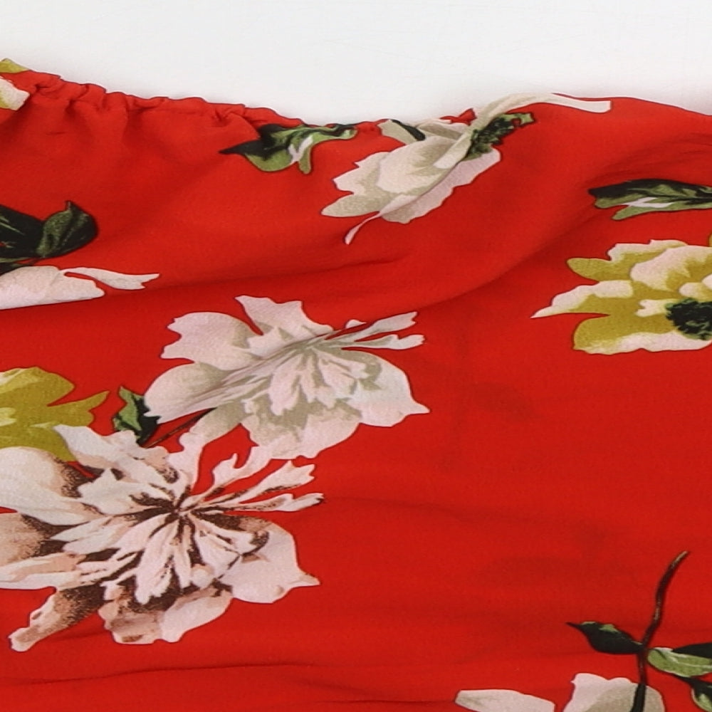 Lipsy London Womens Red Floral Polyester Cropped Blouse Size 10 Off the Shoulder