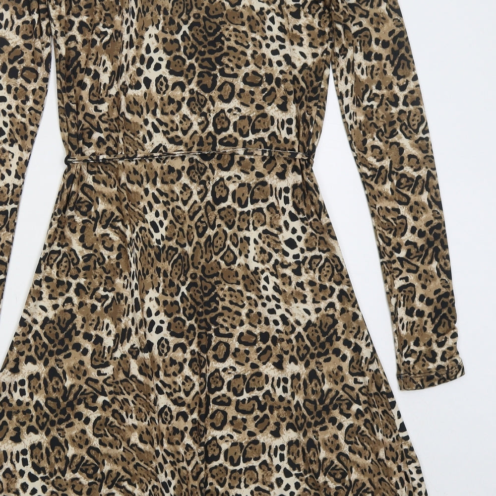 Sonsandar Womens Beige Animal Print Polyester Skater Dress Size 8 V-Neck Pullover