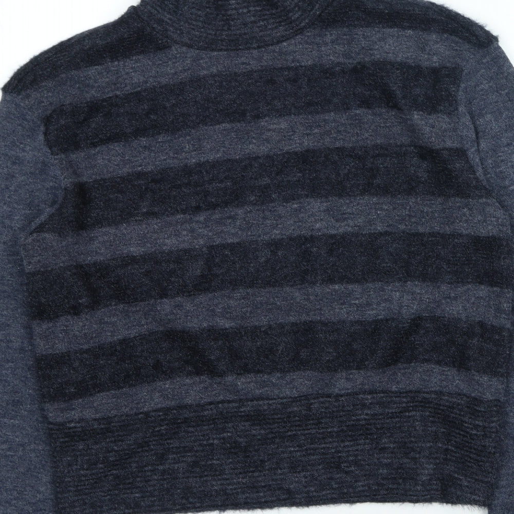 network Womens Grey High Neck Striped Acrylic Pullover Jumper Size S