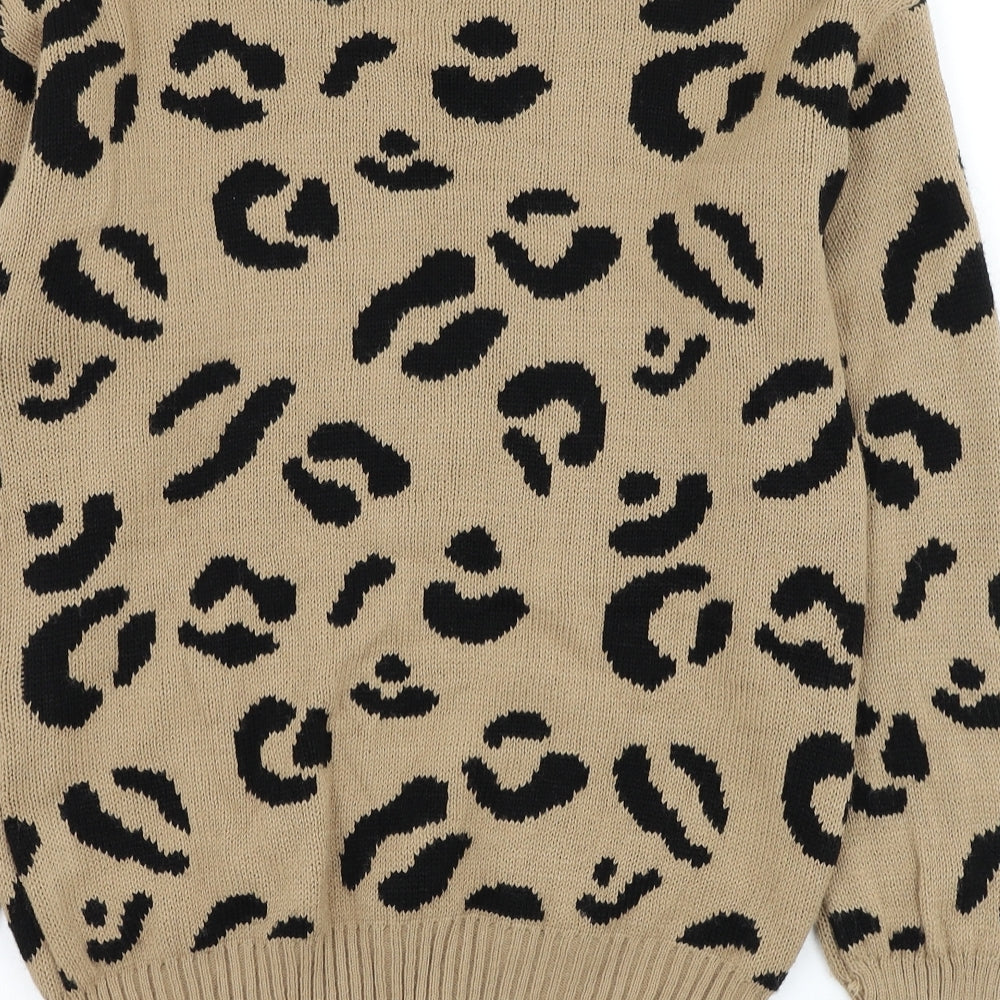 Preworn Womens Brown Round Neck Animal Print Acrylic Pullover Jumper Size S