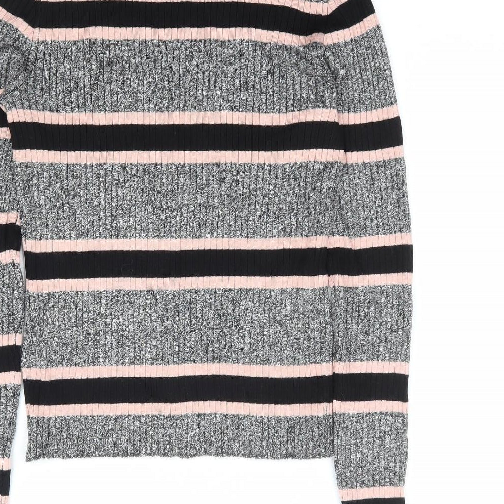 H&M Womens Grey Round Neck Striped Viscose Pullover Jumper Size S