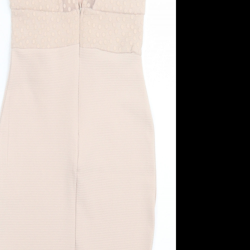 TFNC Womens Beige Polka Dot Polyester Bodycon Size M Crew Neck Button