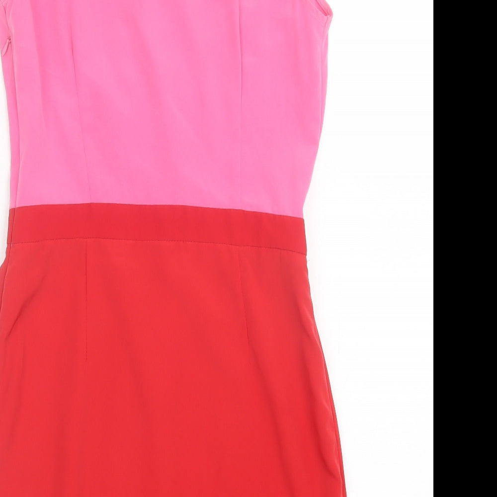 Suiteblanco Womens Pink Striped Polyester A-Line Size S V-Neck Zip