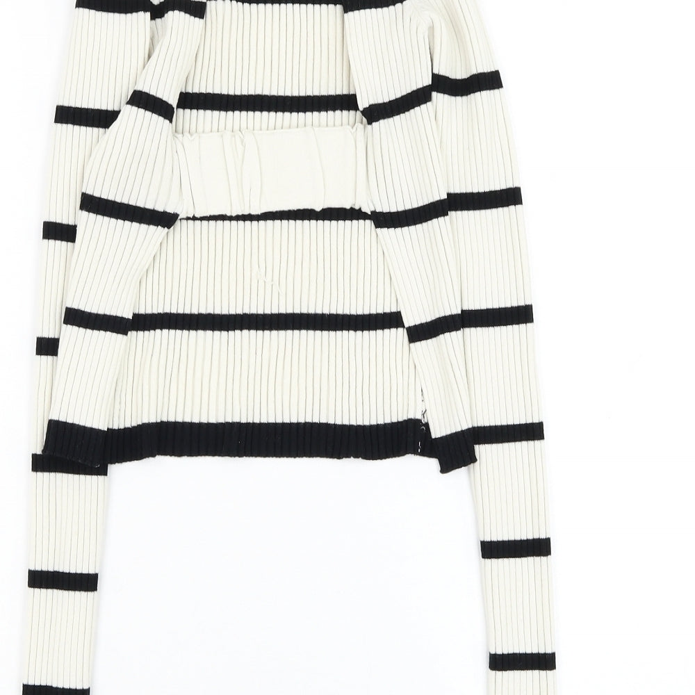 Preworn Womens White Round Neck Striped Polyester Pullover Jumper Size S - Open bac