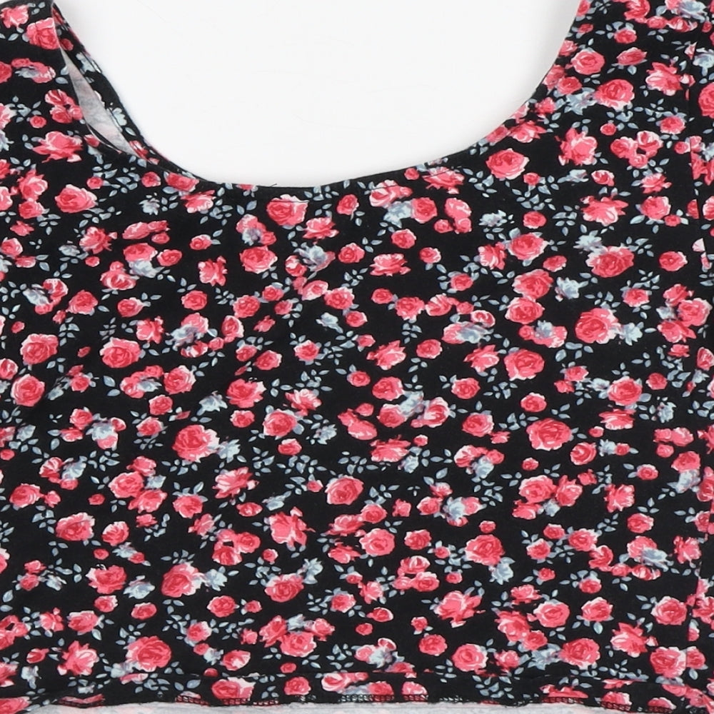 Divided Womens Black Floral Cotton Cropped T-Shirt Size M Round Neck