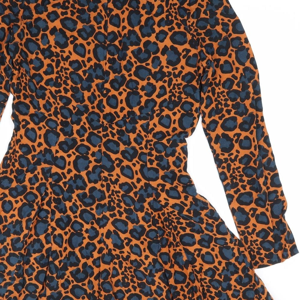 Topshop Womens Brown Animal Print Viscose Fit & Flare Size 10 High Neck Zip