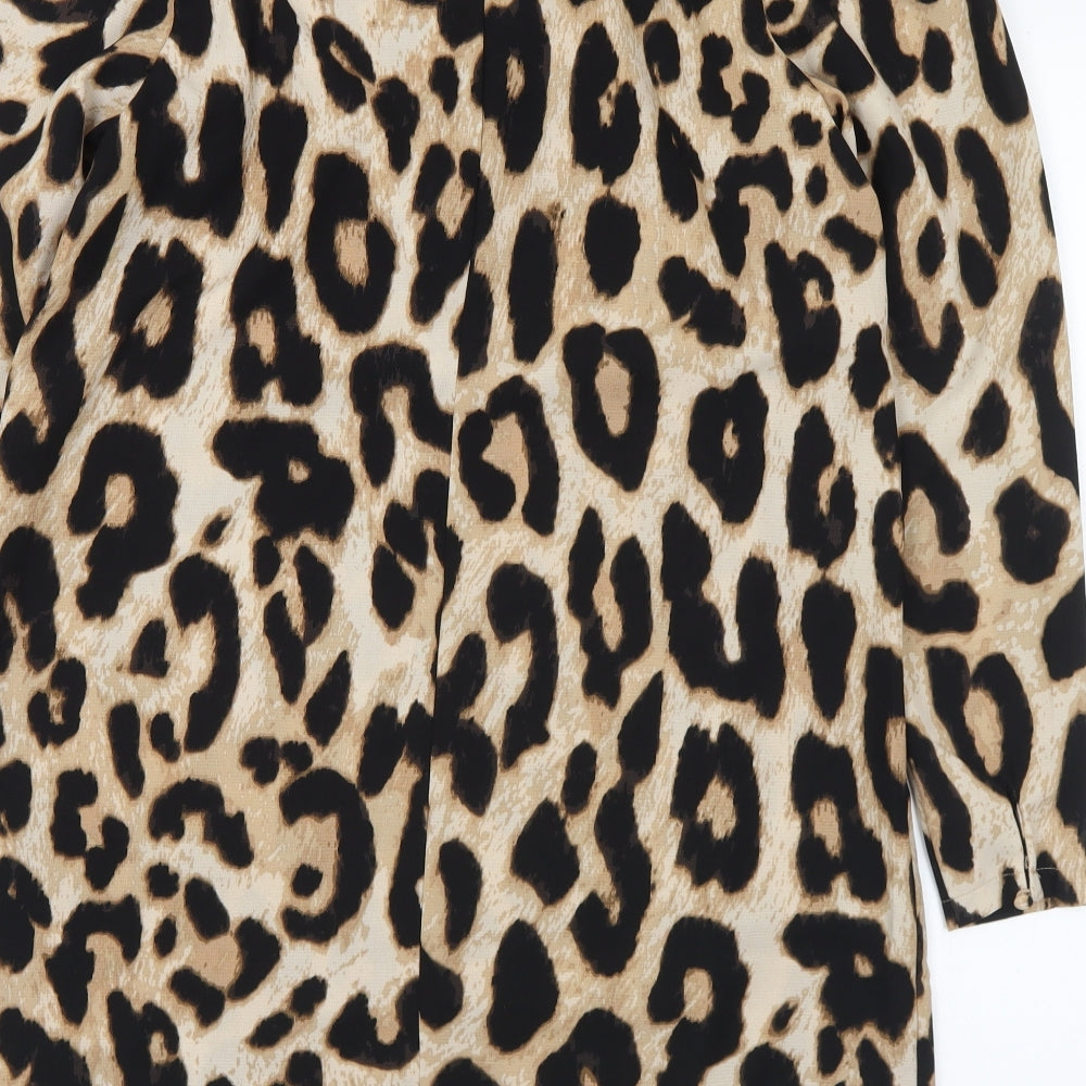 H&M Womens Brown Animal Print Polyester A-Line Size S Round Neck Zip