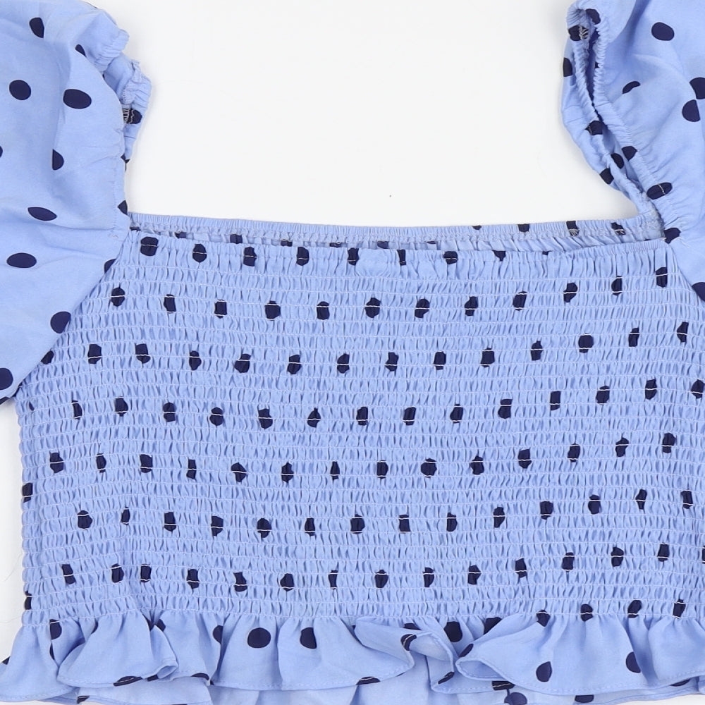 Brave Soul Womens Blue Polka Dot Polyester Basic Blouse Size L Square Neck