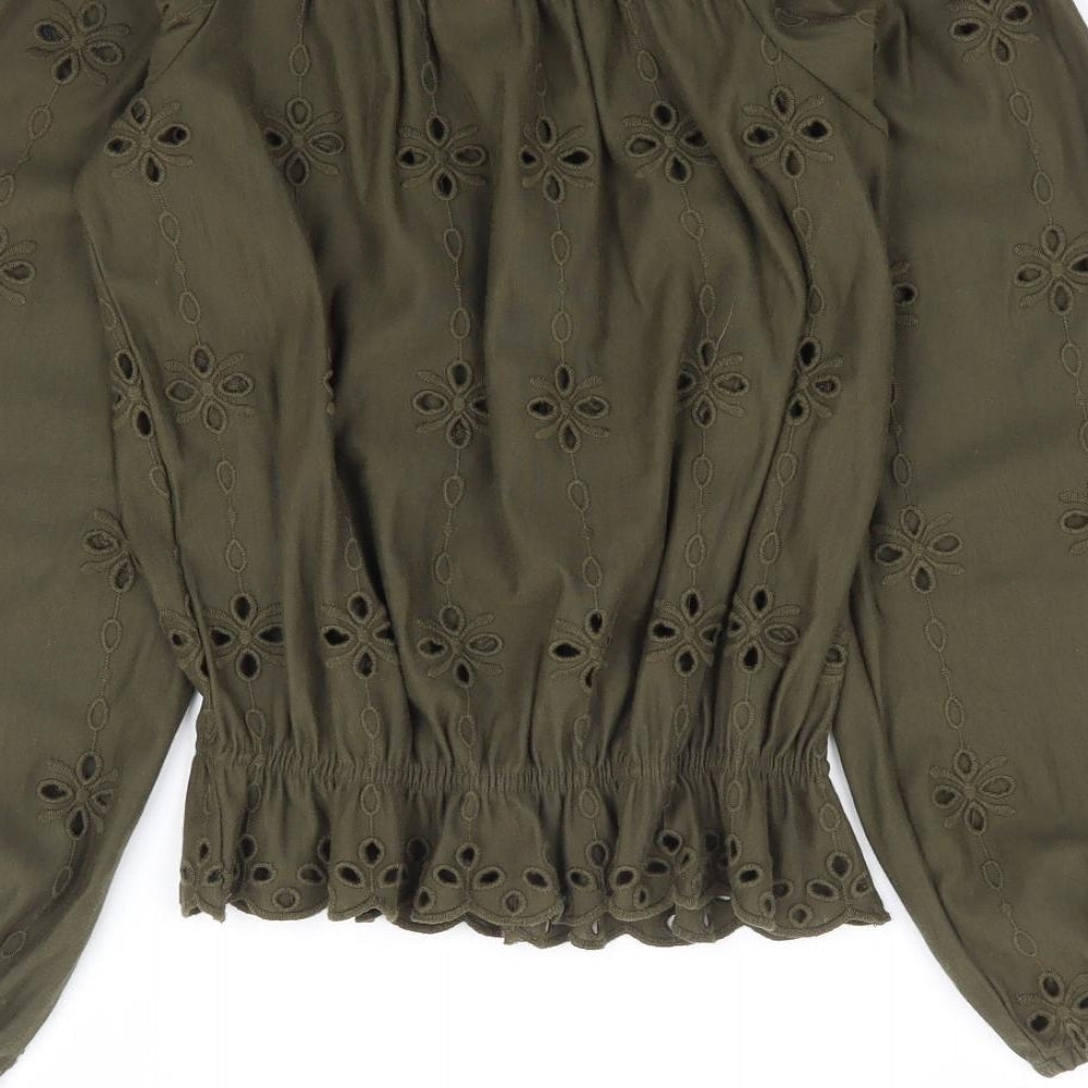H&M Womens Green Floral Cotton Jersey Blouse Size XS Off the Shoulder