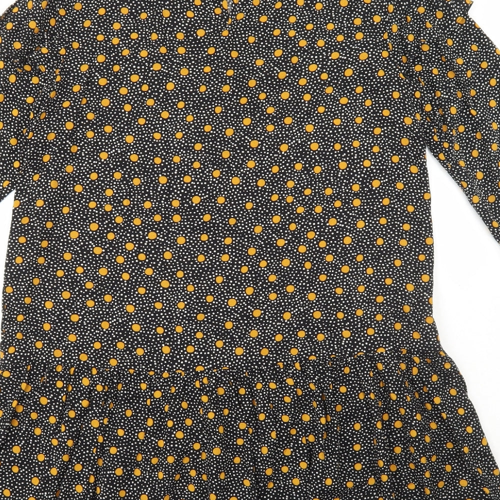 New Look Womens Black Polka Dot Viscose Shift Size 12 High Neck Button